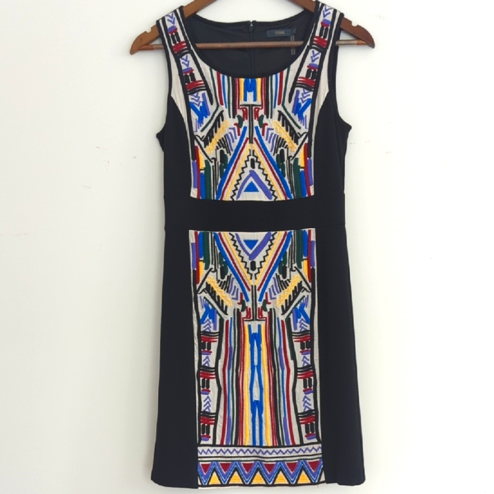 THML Colorful Geometric Aztec Embroidered Sneath Dress‎ Size Small Lined.
